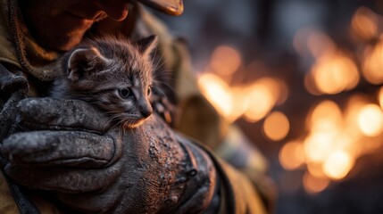 Firefighter's strong hands holding a kitten gently, background of flames 