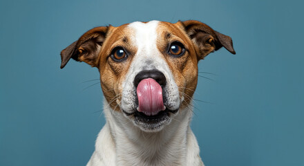 Portrait of dog licking its nose on blue background