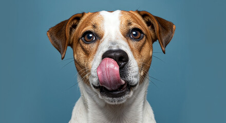 Portrait of dog licking its nose on blue background
