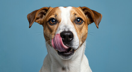 Portrait of dog licking its nose on blue background