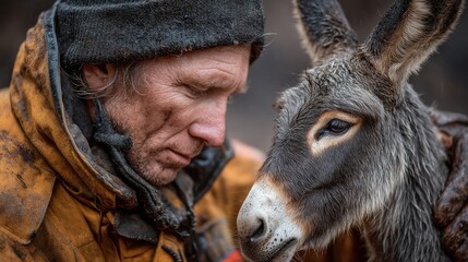 Quiet moment of connection between firefighter and rescued animal, symbolic scene 