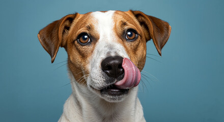 Portrait of dog licking its nose on blue background
