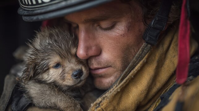 Quiet moment of connection between firefighter and rescued animal, symbolic scene 
