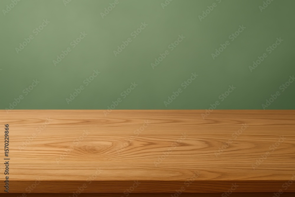 Poster minimalist natural wood dining table surface with soft botanical green backdrop creating serene work
