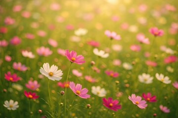 Fototapeta premium Vibrant wildflower meadow with colorful cosmos blooms dancing in golden sunlight