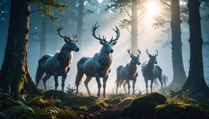 Deer Standing in Misty Forest with Sunlight Streaming Through