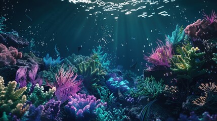 Fototapeta premium Luminescent Wonders: A Neon Coral Reef Under Moonlight, Where Bioluminescent Life Dances in the Deep