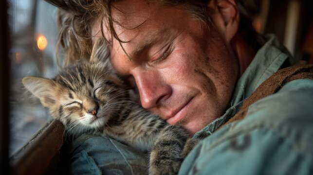 Tired firefighter in truck seat, sleeping kitten curled in arms, peaceful after rescue