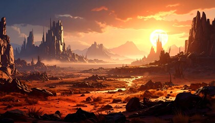 Desert Landscape at Sunset with Rocky Formations and Glowing Sun