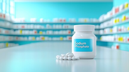 A clear plastic bottle of sodium phosphate with white tablets on a pharmacy counter, surrounded by shelves stocked with medications.