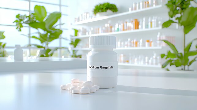 A clean, bright pharmacy scene featuring a bottle of sodium phosphate alongside scattered tablets.