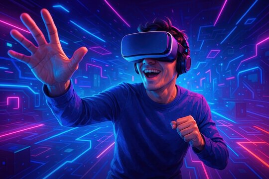 Woman experiencing immersive virtual reality gaming in futuristic neon-lit digital environment