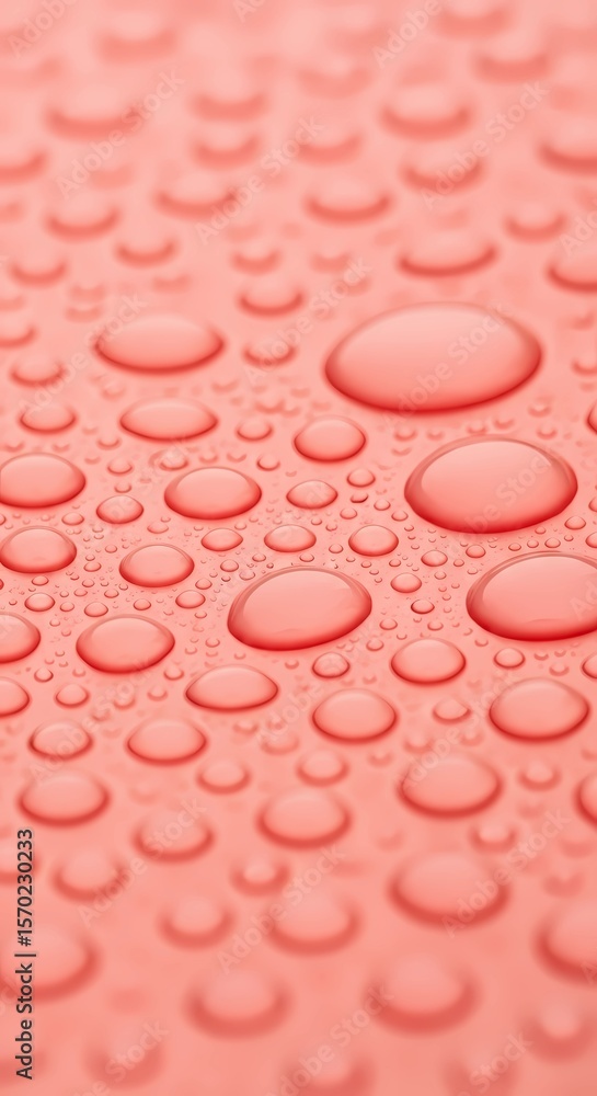 Poster red water drops create an abstract pattern on a wet surface, reflecting blue and pink hues in a macr
