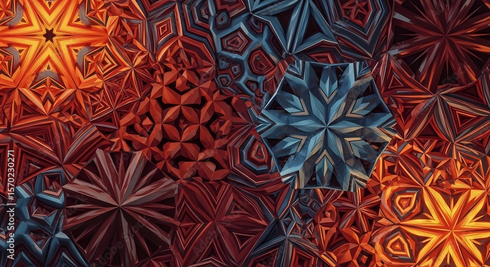 Poster geometric mosaic: a striking close-up of a mosaic featuring intricate geometric patterns in warm, in