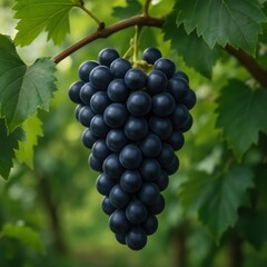 Fototapeta premium Cluster of dark purple grapes hanging from vine with green leaves in vineyard