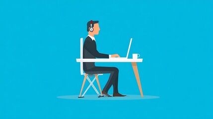 Person seated at a desk with headphones and laptop.