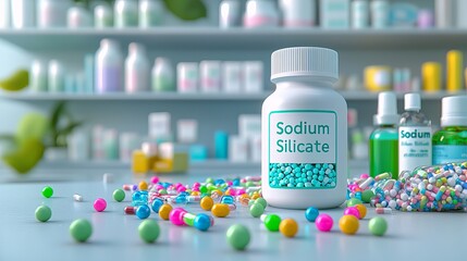 Close-up of a bottle of Sodium Silicate surrounded by colorful microbeads in a bright, modern pharmacy setting.