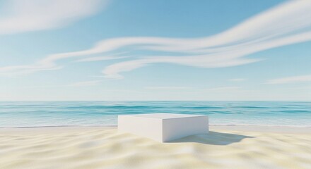 Product Podium on Beach: a pristine minimalist podium stands in the foreground. The scene captures the serene beauty of the ocean, beach, sky, and clouds, bathed in sunlight. 