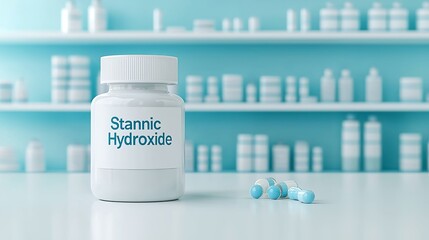 A modern bottle of Stannic Hydroxide with blue capsules in front, set against a vibrant pharmacy background.