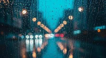 City lights through the rain: Through a raindrop-streaked window, the blurred lights of the city create a moody atmosphere. capturing urban scene with a sense of longing and introspection.