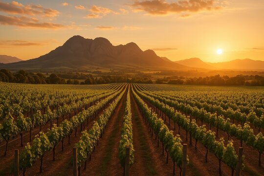 Rolling vineyard landscape with neat rows of grapevines stretching toward distant mountains under golden sunset sky