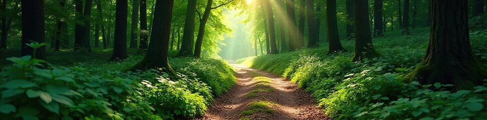 Mystical Forest Path Sunlight Dappled, Winding Through Secluded Woods, Perfect for Adventure, Journey, and Fantasy Themes
