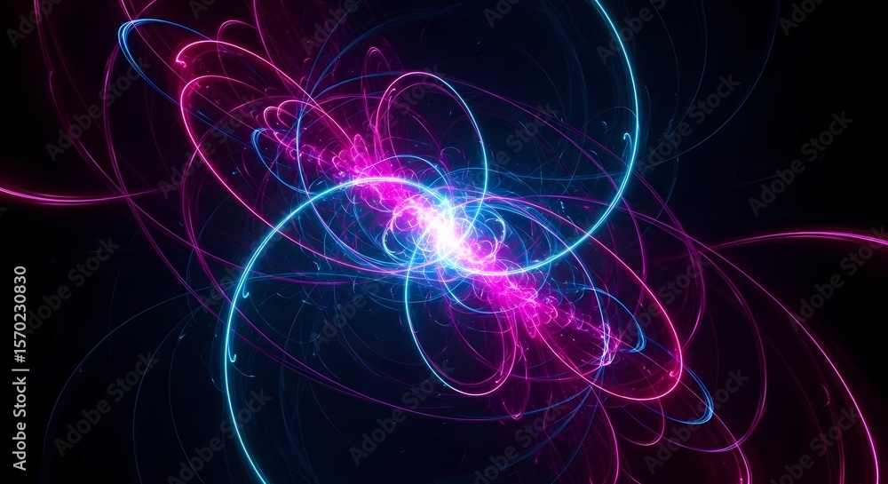 Poster abstract purple and blue light waves create a dynamic, futuristic fractal design with glowing lines 