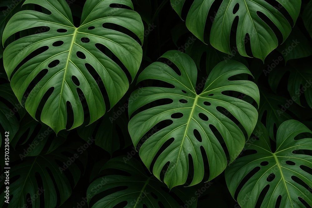Poster tropical monstera deliciosa leaves with intricate split patterns creating elegant botanical overlay 