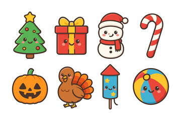 Cute holiday icons vector illustration: christmas, halloween, and new year in pastel flat style for greeting card and poster