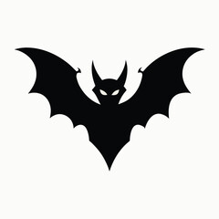 Silhouette of a black bat with glowing eyes and spiked ears spreading its wings wide against a white background evoking a spooky halloween atmosphere