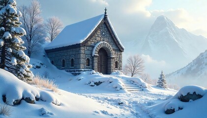 Sunlit Winter Snow Blankets Ancient Stone Temple A Serene Frozen Landscape