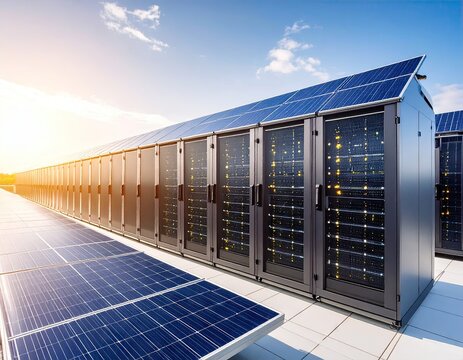 Futuristic server farm with solar panels