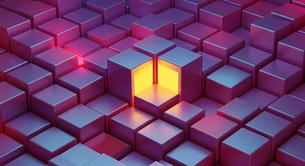 Illuminated Cube in a Digital Landscape: Abstract rendering of a luminous cube at the core of a complex cubic structure, suggesting innovation and technological advancement.