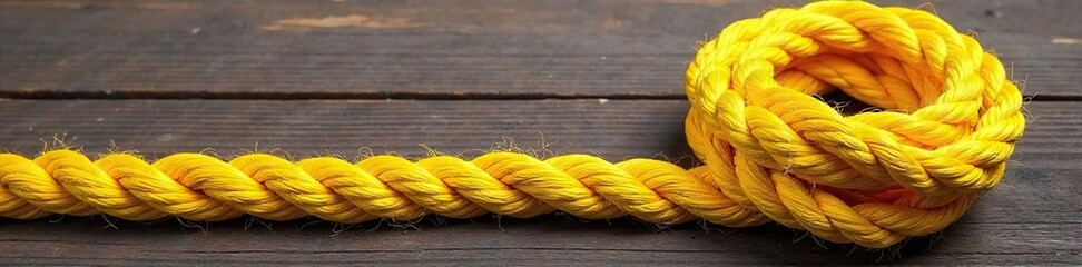 Neatly Coiled Bright Yellow Rope on Rustic Wood Perfect for Crafting, DIY, and Nautical Projects