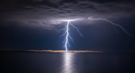 Lightning Strike Over Water: A dramatic display of nature's power unfolds as a bolt of lightning crashes down over a serene body of water, illuminating the scene with electric energy.