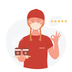 Takeaway coffee delivery service. Courier holding two paper cups of latte cartoon vector illustration