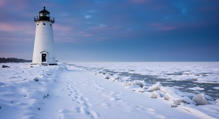 Snowy Lighthouse by Frozen Lake