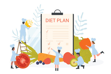 Diet plan, management program for detoxification and weight loss. Cartoon tiny chefs holding vegetables for dietary menu, cook food according to list flat vector illustration. Advice, detox concept