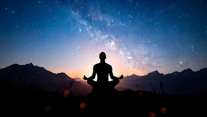 Meditating person silhouetted against a starry night sky landscape