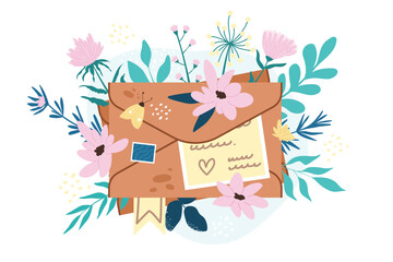 Fototapeta premium Envelope with floral composition. Lovely greeting letter with blooming bouquet cartoon vector illustration