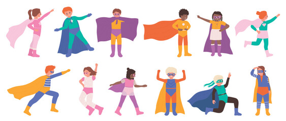 Kid superhero characters set vector illustration. Cartoon little child wearing colorful carnival costume of superman, cute girl and boy in capes and masks isolated on white. Childhood, game concept