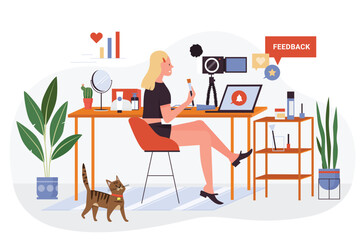 Beauty skincare cosmetics and make up vlog in social media. Attractive woman influencer recording makeup video tutorials on camera flat vector illustration. Webinar, internet, fashion concept