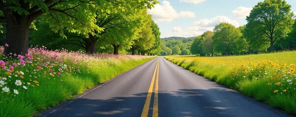 Verdant Spring Landscape Road to Renewal, Wildflowers Blooming, Fresh Journey