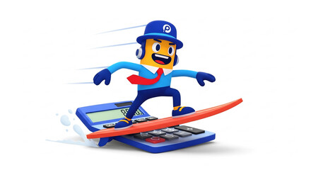 Cartoon character surfing on calculator