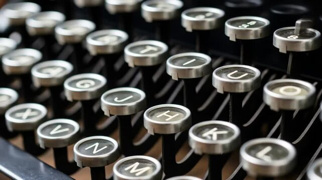 Close up slow motion sequence showing vintage typewriter keys being pressed in detail
