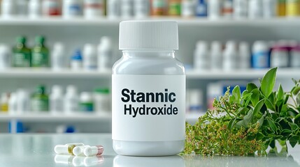 Close-up of a medicine bottle labeled 'Stannic Hydroxide' with colorful capsules and greenery in a bright pharmacy setting.