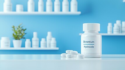 Close-up of a white bottle labeled 'Strontium Hydroxide' with pills and a green plant in a bright, modern laboratory.