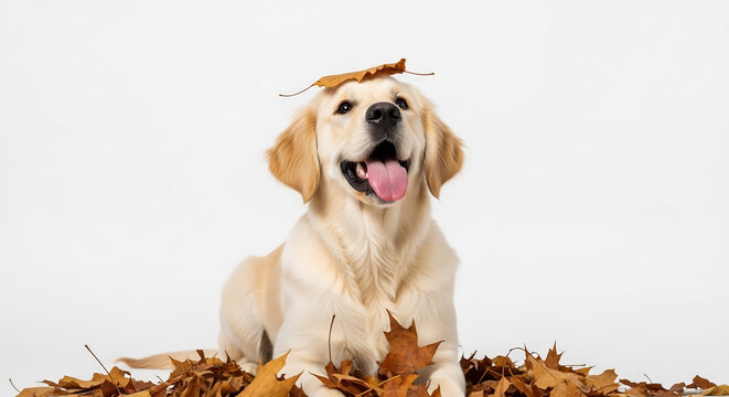 Golden retriever with autumn leaves