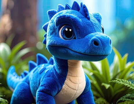 Blue dragon plush toy in lush greenery