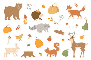 Autumn animals vector illustration sticker pack set. Cartoon flat forest fall season collection with raccoon bear deer hare hedgehog fox characters, tree branches autumnal mushrooms, pumpkin isolated